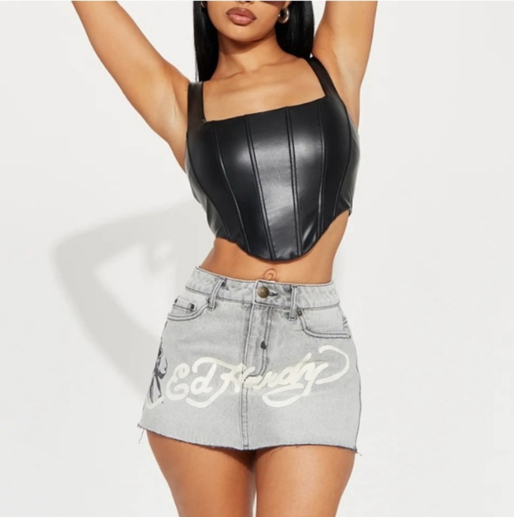 Ed Hardy Cross Denim Mini Skirt in Grey Mineral Wash Size XS NWT